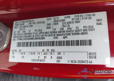 2021 Ford Escape Sel z USA, uszkodzony, nr VIN 1FMCU0H66MUB08286